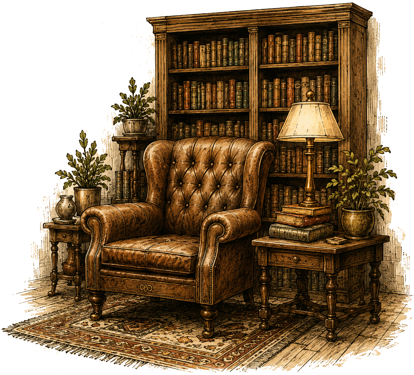 A reading chair beside a bookshelf