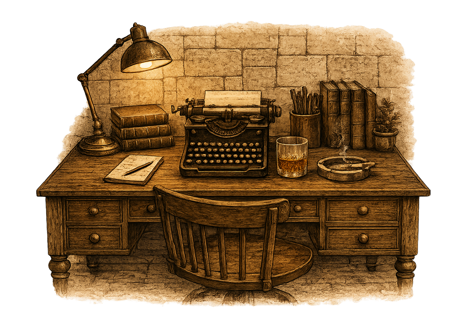 A writing desk at night with a typewriter, the lamp lit and the chair pushed back